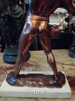 Vintage Antique Copper Brass Statue Greek God Achilles marble base spear 16.5