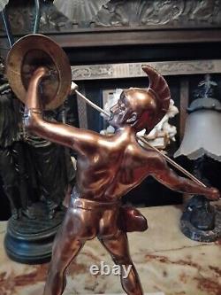 Vintage Antique Copper Brass Statue Greek God Achilles marble base spear 16.5