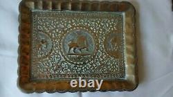 Vintage Antique Etched Lion design Indian Brass Tray