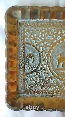 Vintage Antique Etched Lion design Indian Brass Tray