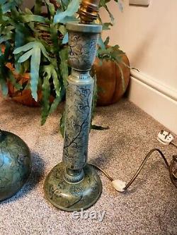 Vintage Antique Hand Painted Candle Stick Column Style Lamp And One Other Blue