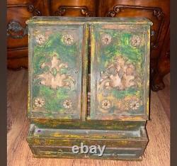 Vintage / Antique Hand carved wooden Indian Stationary Box /Green/ Brass Details