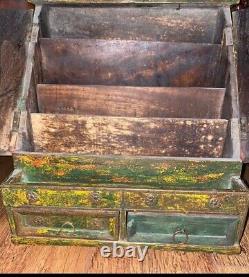 Vintage / Antique Hand carved wooden Indian Stationary Box /Green/ Brass Details