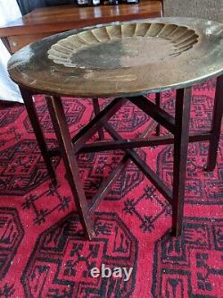 Vintage Antique Indian Folding Side Table With Brass Covered Top