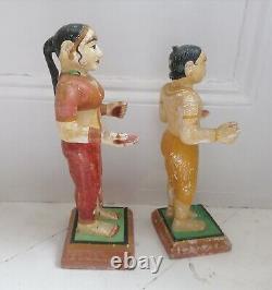 Vintage Antique Indian Tall Male and Female Figures Wood And Plaster C. 1930-40