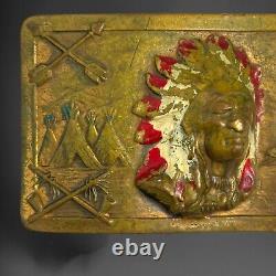 Vintage Antique Native Am Indian Chief Brass Belt Buckle ROBBINS CO THORESEN