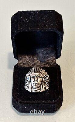 Vintage Antique Native American Navajo Silver Jeweled Indian Chief Head Ring