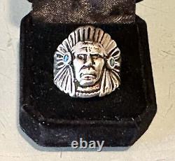 Vintage Antique Native American Navajo Silver Jeweled Indian Chief Head Ring