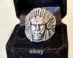 Vintage Antique Native American Navajo Silver Jeweled Indian Chief Head Ring