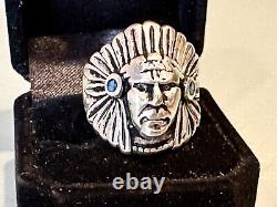 Vintage Antique Native American Navajo Silver Jeweled Indian Chief Head Ring