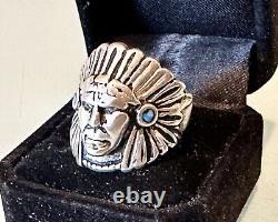 Vintage Antique Native American Navajo Silver Jeweled Indian Chief Head Ring