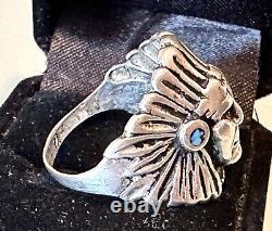 Vintage Antique Native American Navajo Silver Jeweled Indian Chief Head Ring