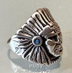 Vintage Antique Native American Navajo Silver Jeweled Indian Chief Head Ring