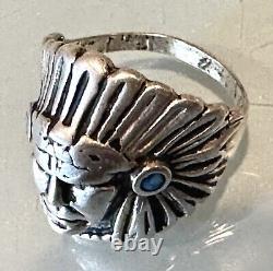 Vintage Antique Native American Navajo Silver Jeweled Indian Chief Head Ring