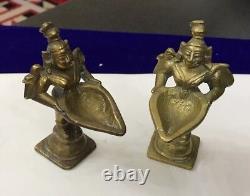 Vintage Antique Pair Solid Brass Cast Indian Goddess Deeplaxmi Statue Figurine