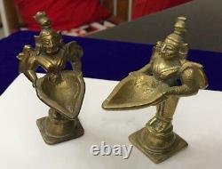 Vintage Antique Pair Solid Brass Cast Indian Goddess Deeplaxmi Statue Figurine