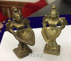 Vintage Antique Pair Solid Brass Cast Indian Goddess Deeplaxmi Statue Figurine