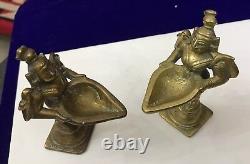 Vintage Antique Pair Solid Brass Cast Indian Goddess Deeplaxmi Statue Figurine