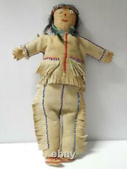 Vintage / Antique Plains Cree Beaded Hide Indian Doll Montana / Canada Realhair