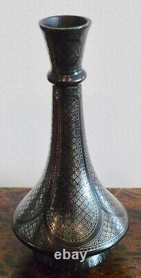 Vintage/Antique Silver Inlay/Inlaid Geometric Forms Metal Vase India Bidriware