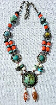 Vintage/Antique South Asian Turquoise Multi-Gemstone Silver Necklace 26- 187g