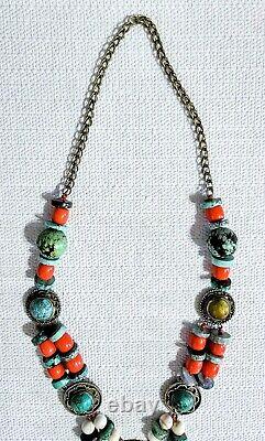 Vintage/Antique South Asian Turquoise Multi-Gemstone Silver Necklace 26- 187g