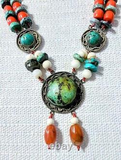 Vintage/Antique South Asian Turquoise Multi-Gemstone Silver Necklace 26- 187g