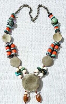 Vintage/Antique South Asian Turquoise Multi-Gemstone Silver Necklace 26- 187g