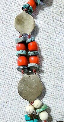 Vintage/Antique South Asian Turquoise Multi-Gemstone Silver Necklace 26- 187g