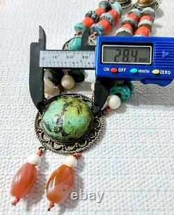 Vintage/Antique South Asian Turquoise Multi-Gemstone Silver Necklace 26- 187g