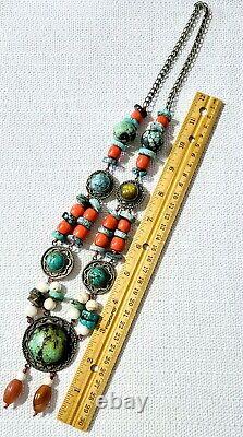 Vintage/Antique South Asian Turquoise Multi-Gemstone Silver Necklace 26- 187g