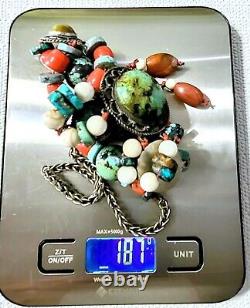 Vintage/Antique South Asian Turquoise Multi-Gemstone Silver Necklace 26- 187g