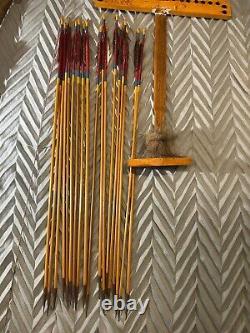 Vintage Archery Native Long Bow Wooden Carved Hand INDIA Art With 18 Arrows