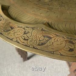 Vintage Asian Indian Brass Tray Coffee Table, Carved Wood Folding Stand 59cm Dia