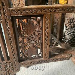 Vintage Asian Indian Brass Tray Coffee Table, Carved Wood Folding Stand 59cm Dia