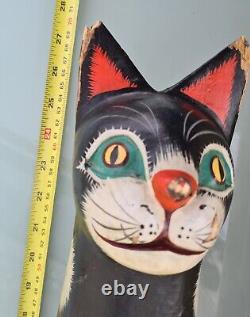 Vintage Asian Polychrome Wooden Cats Sculpture. Traditional Stylised Design