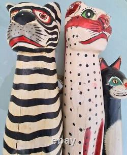 Vintage Asian Polychrome Wooden Cats Sculpture. Traditional Stylised Design