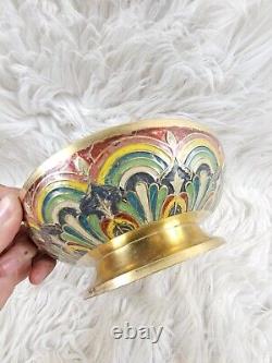 Vintage Beautiful Antique Brass Enamel Bowl with Unicorn Pedestal Mughal Morad