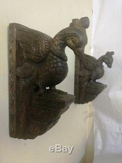 Vintage Bird Peacock Wooden Corbel Pair Bracket Ornament Wall Hanging Sculpture