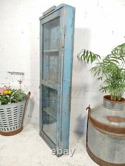 Vintage Blue Indian Solid Wooden Glazed Display Bathroom Kitchen Wall Cabinet
