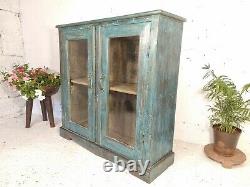 Vintage Blue Indian Wooden Glazed Display Kitchen Bathroom Cabinet Bookcase