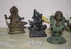 Vintage Brass Ganesha Playing Flute Religious Art Vinayaka Statue Set of 5 HK321