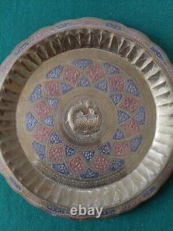 Vintage Brass Silver Copper Inlay Puja Plate Chased & Embossed Hindu Ceremonial
