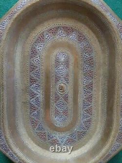 Vintage Brass Silver Copper Inlay Puja Tray Chased & Embossed Hindu Ceremonial