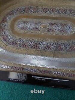 Vintage Brass Silver Copper Inlay Puja Tray Chased & Embossed Hindu Ceremonial