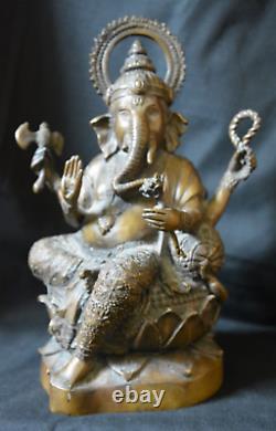 Vintage Bronze Lord Ganesha /ganesh On Lotus Flower Statue 2.75 KG 11.5 Inches