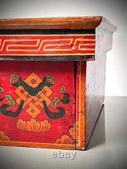 Vintage Buddhist Folding Prayer Table. Victory Flag & Snow Lion Motifs. Tibet