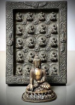 Vintage Buddhist Panel On Stand. 21 Clay Buddha In Amitabha Mudra. Tibet. Nepal