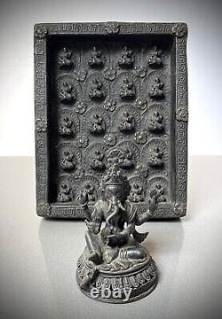Vintage Buddhist Panel On Stand. 21 Clay Buddha In Amitabha Mudra. Tibet. Nepal