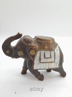 Vintage Carved Wooden & Brass Elephant Hand Made Mother of Pearl. 19cm